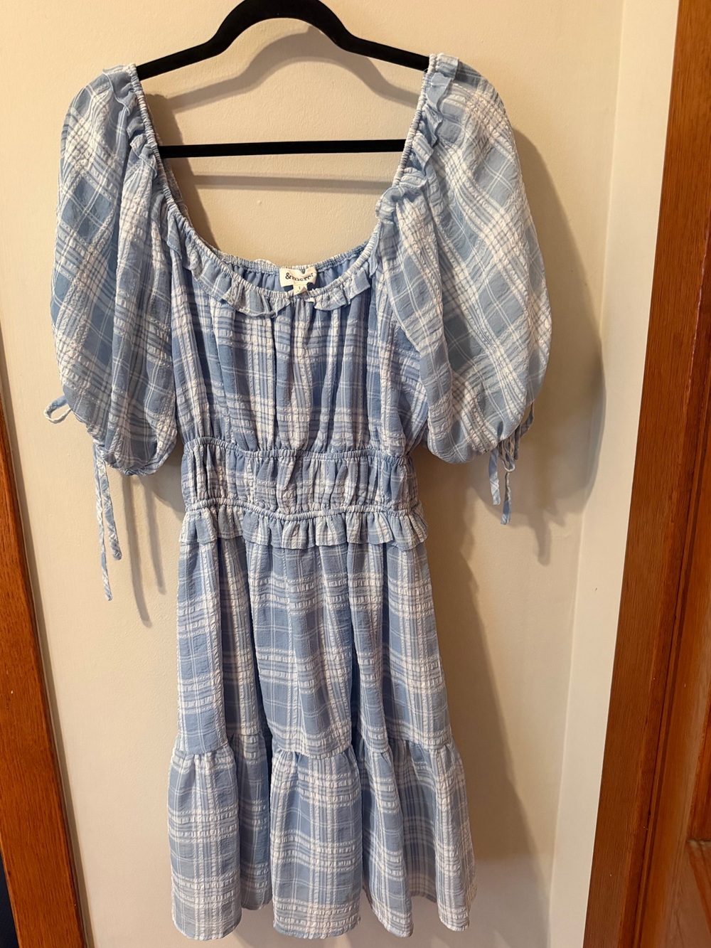 Light Blue Plaid Puff-Sleeve Dress